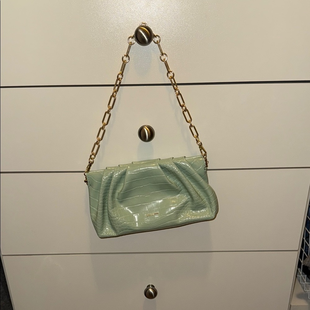 Green and Gold Ruched Clutch with Chain Strap